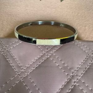 Silver Mother of Pearl and Black Onyx Bangle Bracelet Vintage GC